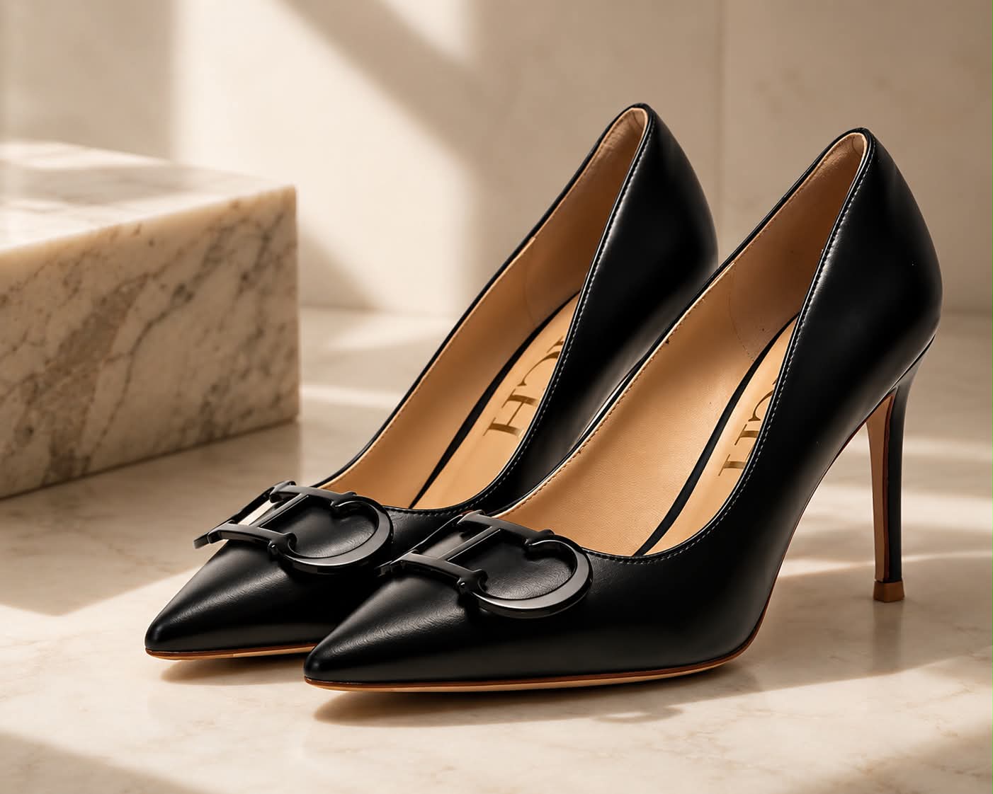 The Carnival Heel — Pointed-Toe Stiletto with Metallic Buckle