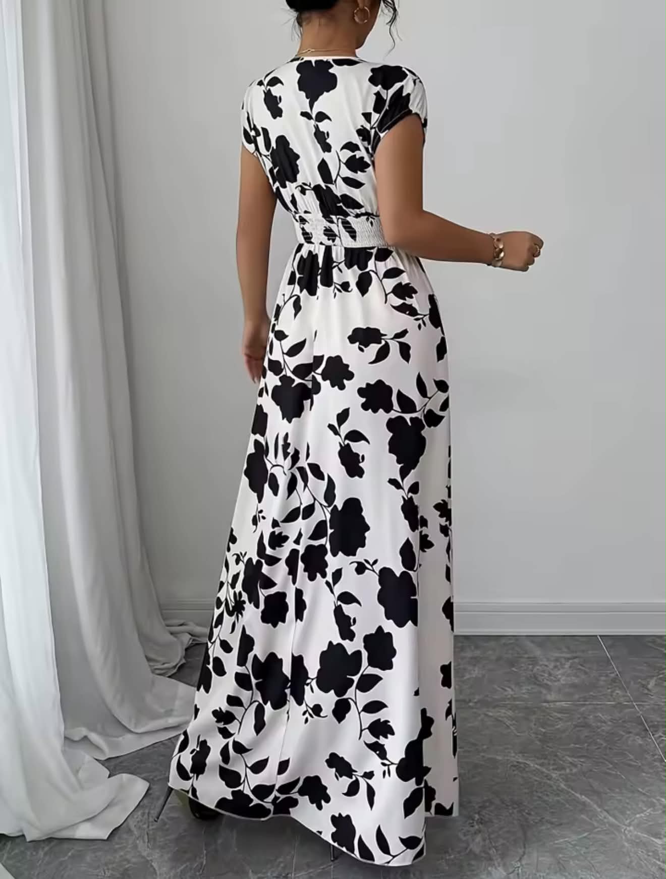 Black and White Elegance Floral Maxi Dress - V Neck and Adjustable Waist