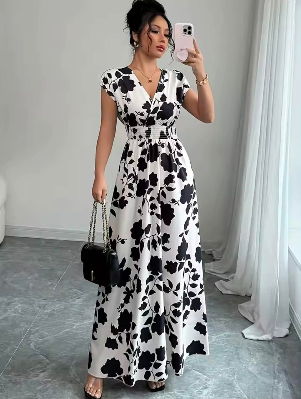 Black and White Elegance Floral Maxi Dress - V Neck and Adjustable Waist