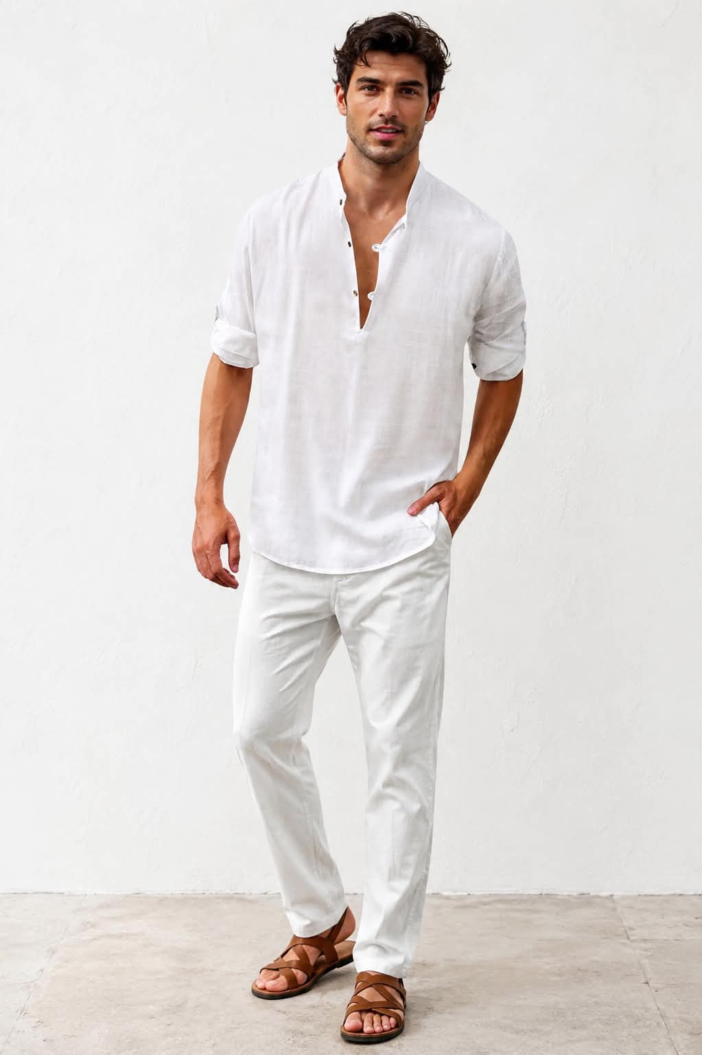 Men’s Premium Linen Henley Shirt – White