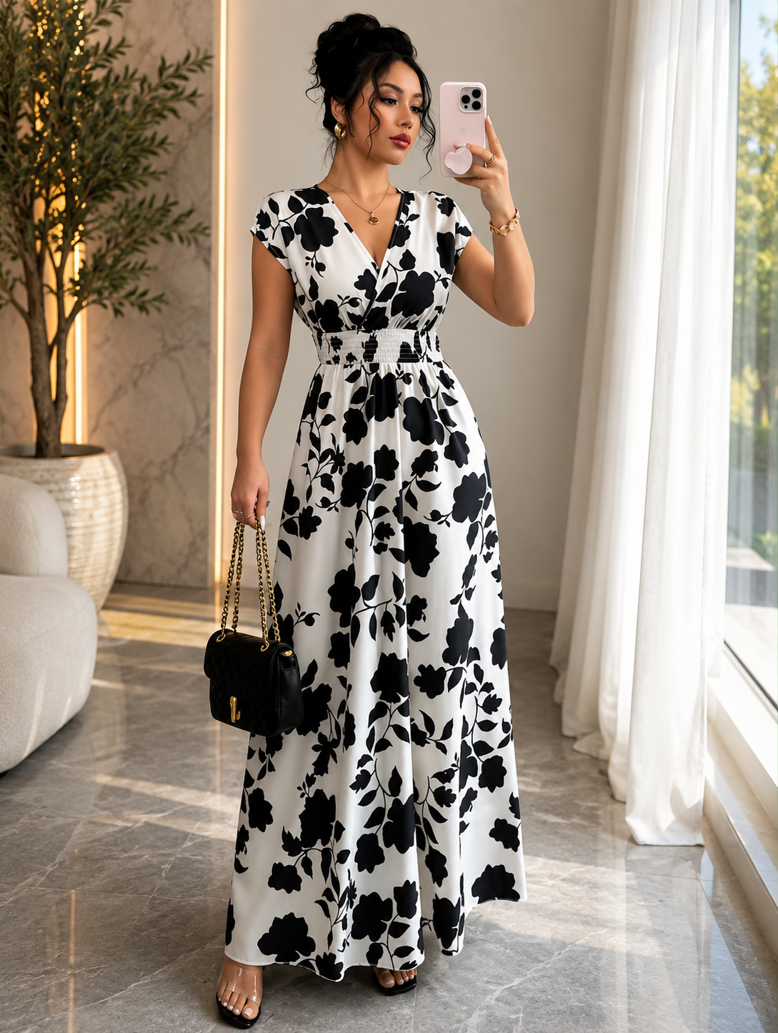 Black and White Elegance Floral Maxi Dress - V-Neck and Adjustable Waist