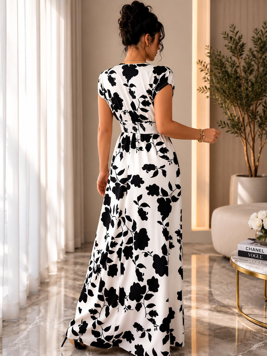 Black and White Elegance Floral Maxi Dress - V-Neck and Adjustable Waist