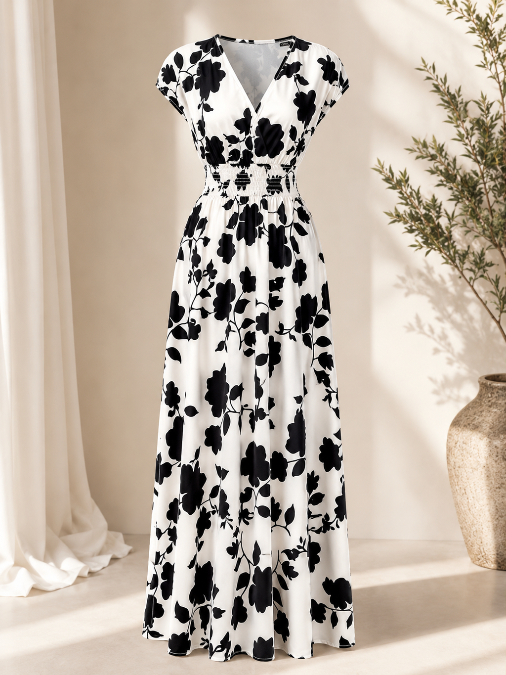Black and White Elegance Floral Maxi Dress - V-Neck and Adjustable Waist