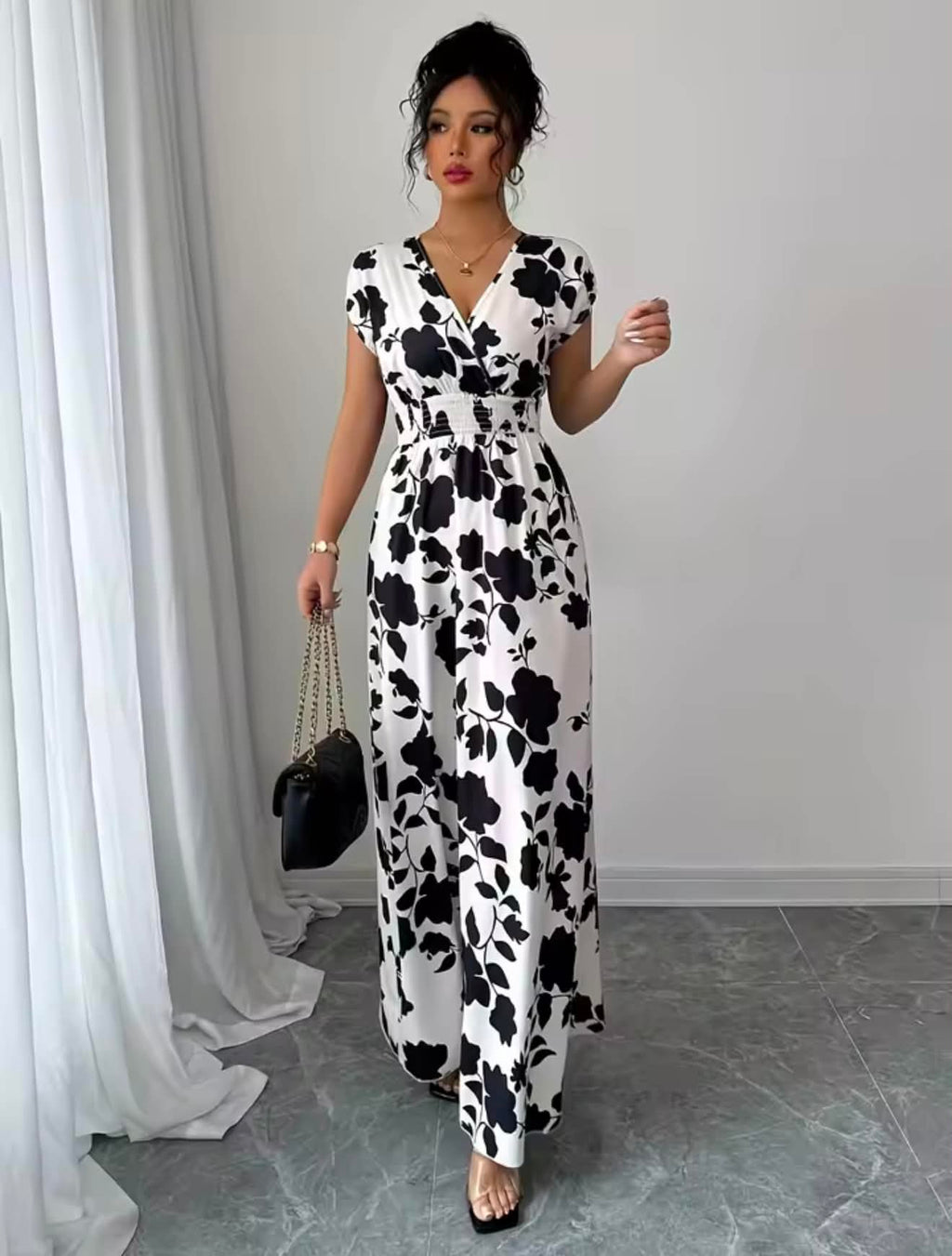 Black and White Elegance Floral Maxi Dress - V Neck and Adjustable Waist