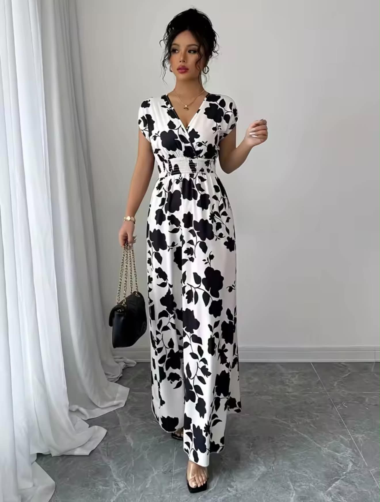 Black and White Elegance Floral Maxi Dress - V Neck and Adjustable Waist