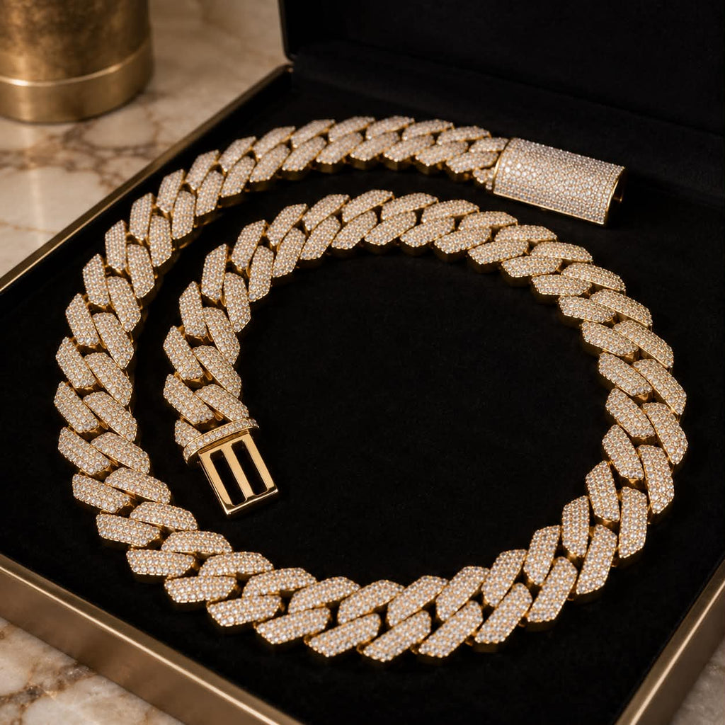 Luxury Iced-Out Miami Cuban Link Chain Necklace – 15mm Gold Finish