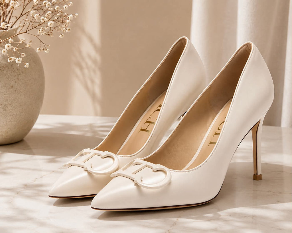 The Carnival Heel — Pointed-Toe Stiletto with Metallic Buckle